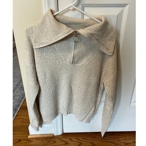 Hem & Thread Pullover Sweater Beige Knit Quarter Zip Wide Collar Size S